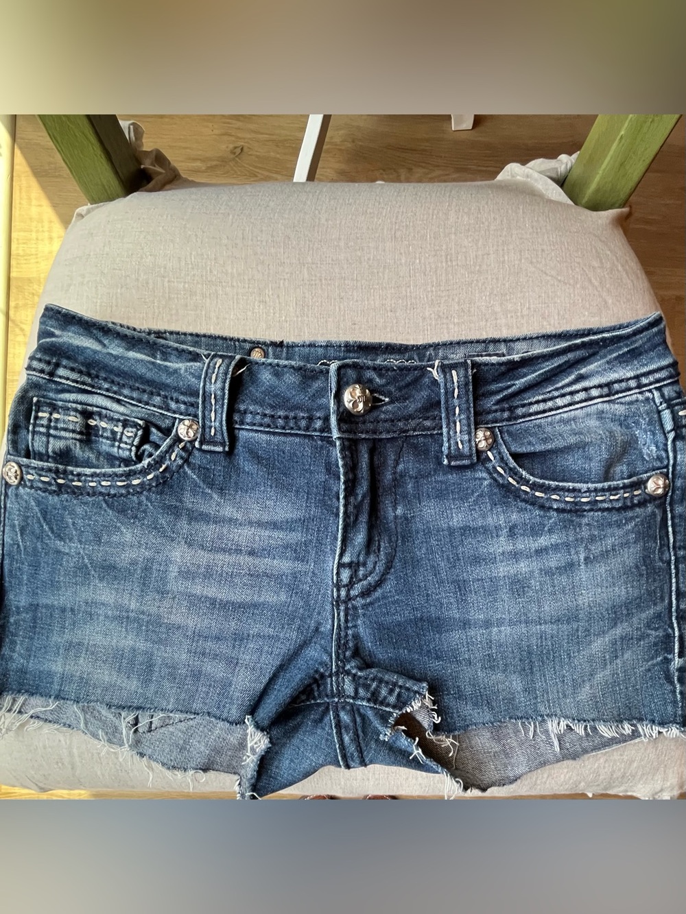 Miss Me Cut Off Jean Shorts Size 28 Embellished Rhinestone Bling Flap Pocket